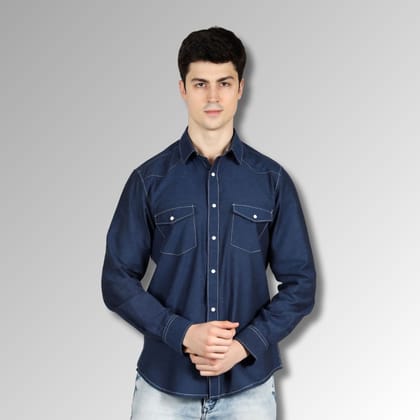 Men's Blue Western Shirt in Twill Cotton with Western Yoke