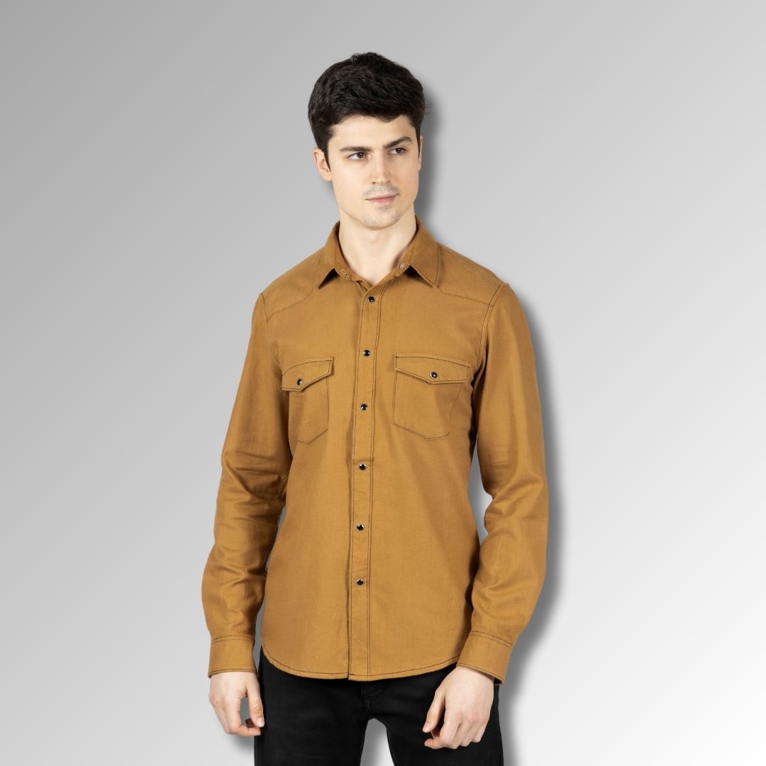 Men's Tan Colour Western Shirt in Twill Cotton with Western Yoke