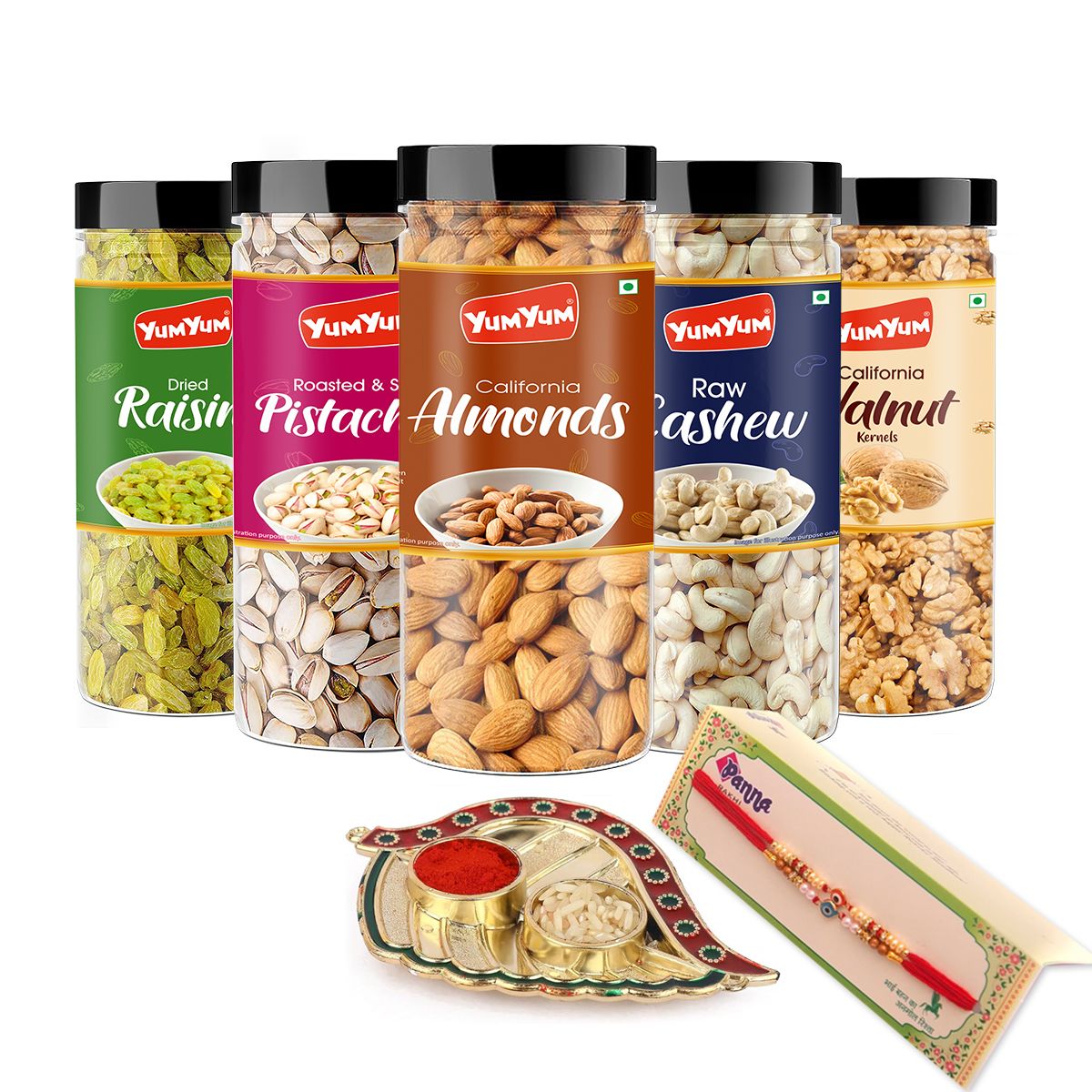 YUM YUM Special Rakhi Gift | Dry fruits combo pack of 5 Healthy Badam, Kaju, Pista, Kishmish & Akhrot 750g - Almonds, Cashews, Pistachios, Raisins, Walnuts | Gift Pack