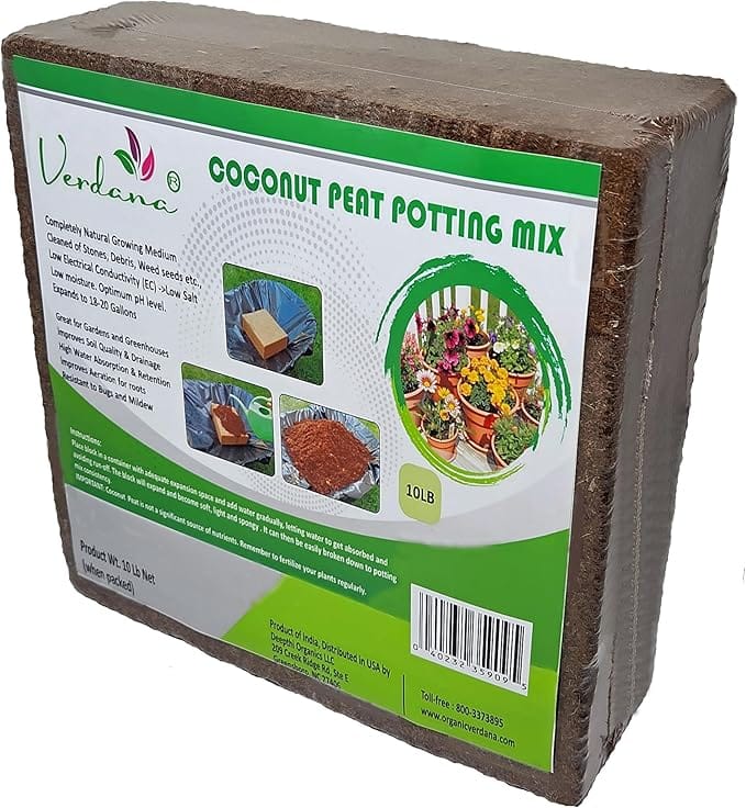 Coco Coir Brick Potting Mix - 10 Lb Compressed Block – Coconut Fiber, Coco Peat, Coir Pith - Alternative to Peat Moss – Soilless Growing Medium - Low EC, Optimum pH, High Expansion