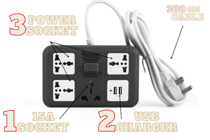 Extension Board with 2-USB Charger Ports;3 Power sockets and 1 16amps-Socket Along with 3m Long Cable