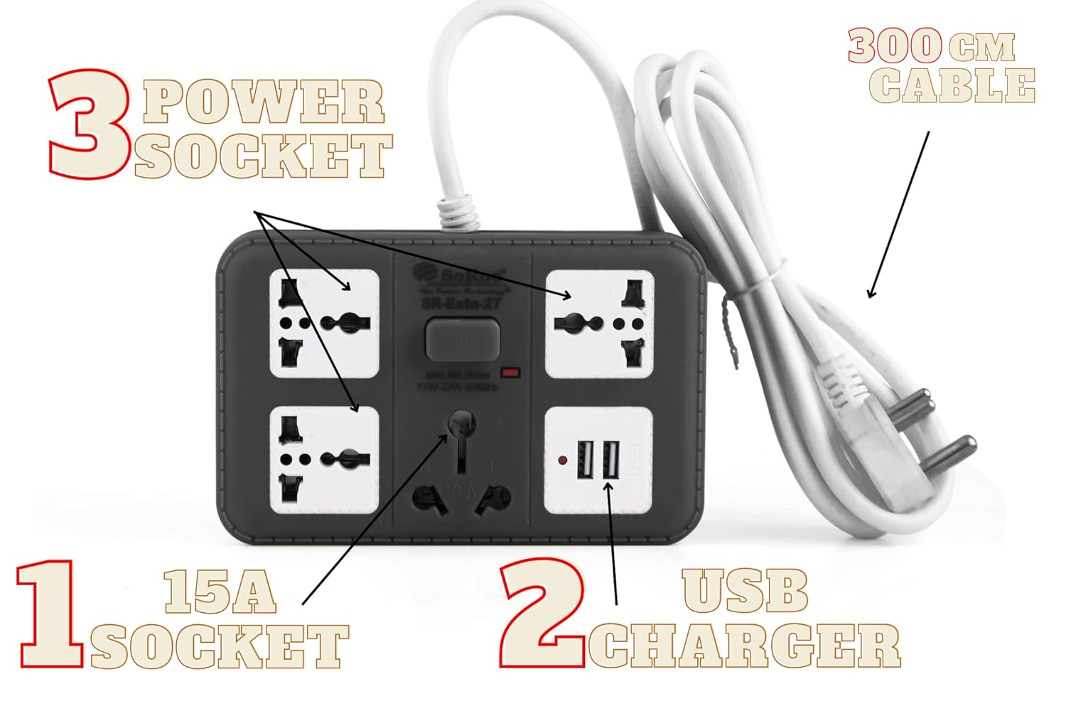 Extension Board with 2-USB Charger Ports;3 Power sockets and 1 16amps-Socket Along with 3m Long Cable