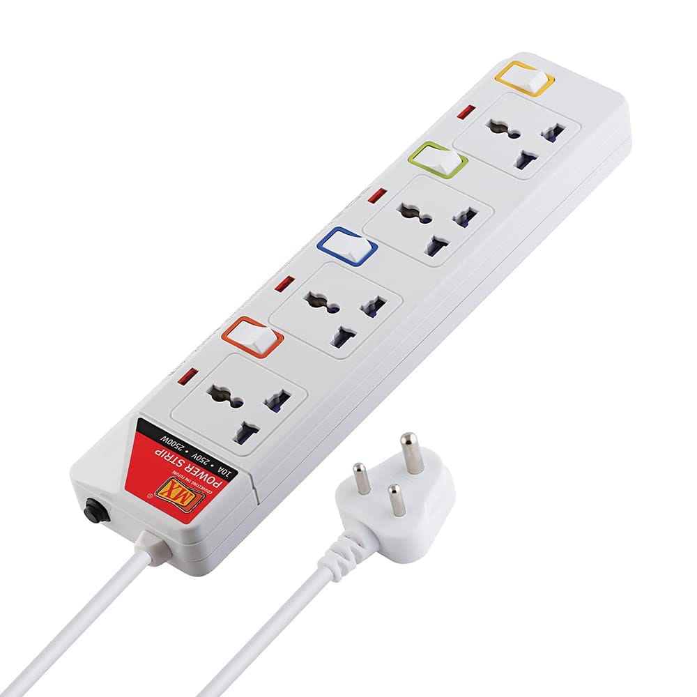 4 Way Outlet Power Strip with Universal Socket,International Socket- Individual Switch with Circuit Breaker Protection Spike Guard Extension Board - (5 Foot) Power Cable - 5 amp (MX 3535-1.5M)