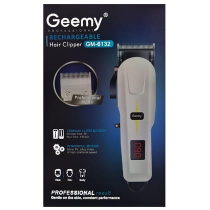 Geemy Professional Rechargeable Hair Clipper GM-6132 | Cordless Rechargeable LED Display Hair Clipper Heavy Duty for Hair and Beard Cut (WHITE)