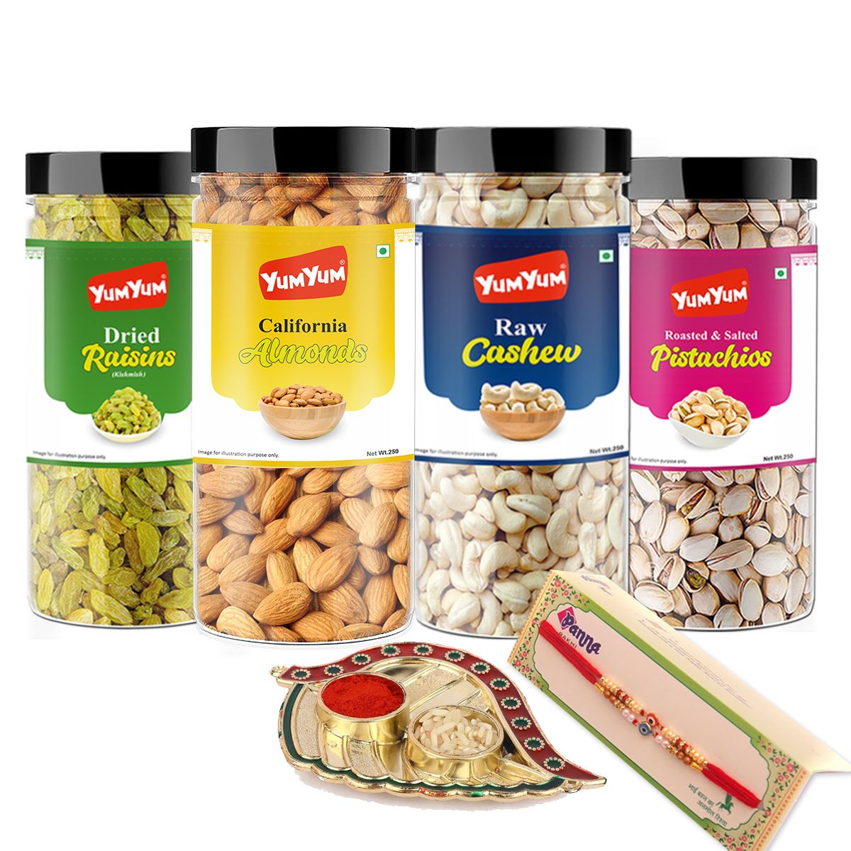 YUM YUM Rakhi With Dry Fruits Combo Pack Of 1Kg (Almonds 250g, Cashews 250g, Pistachios 250g & Kishmish Raisins 250g) Jar Each