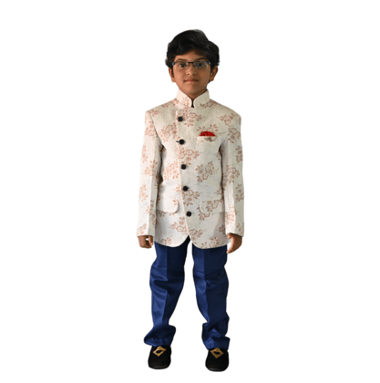 JOYHAAT Kids Boy's 2 Piece Jodhpuri Embroidered Tuxedo Coat Suit With White Color For Party/Formal/Festival/Wedding/ Set Of Jodhpuri Coat Suit and Blue Pant