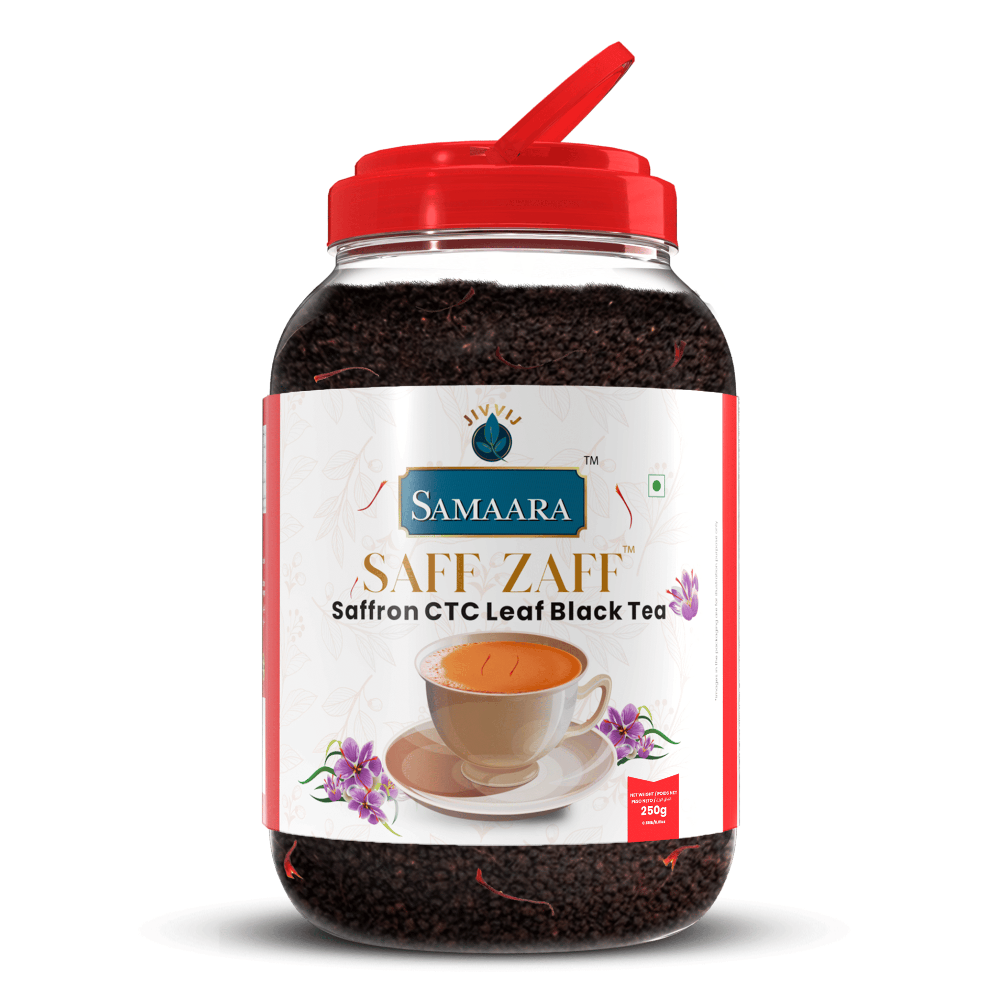 Jivvij Samaara Saffron Tea 250gm Jar | Premium Assam Ctc Black Leaf Tea | Kesar Chai Patti | Strong Flavoured Tea Powder