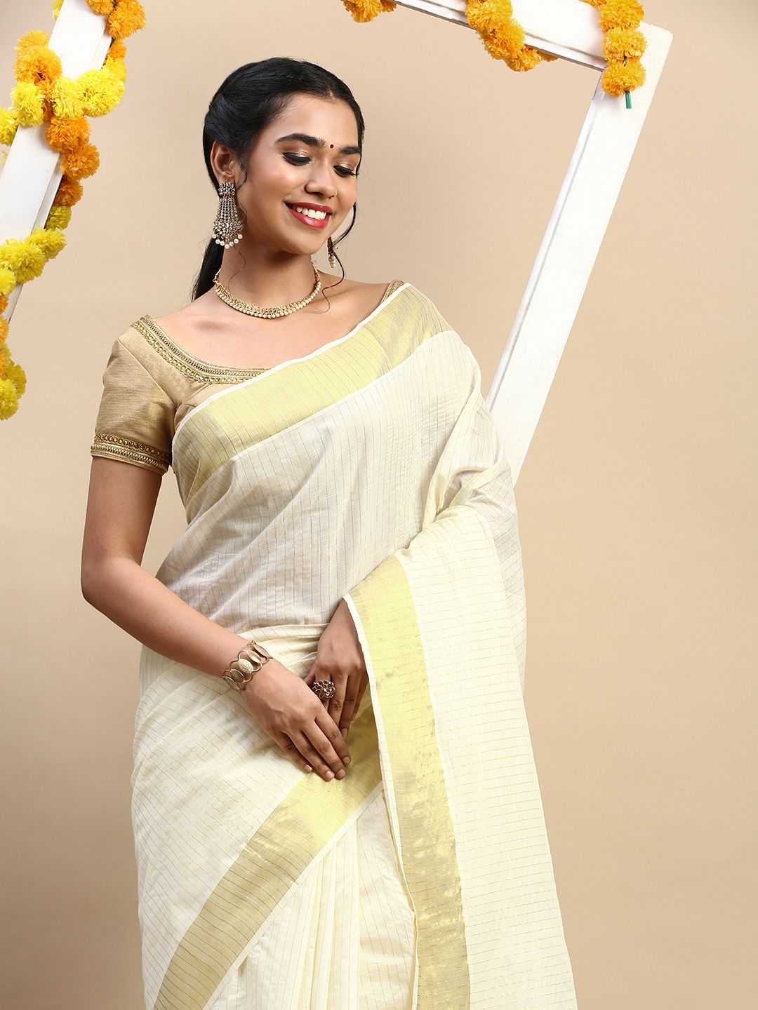 Kerala Saree Cream Gold Jari Border with Stripes self design KS89