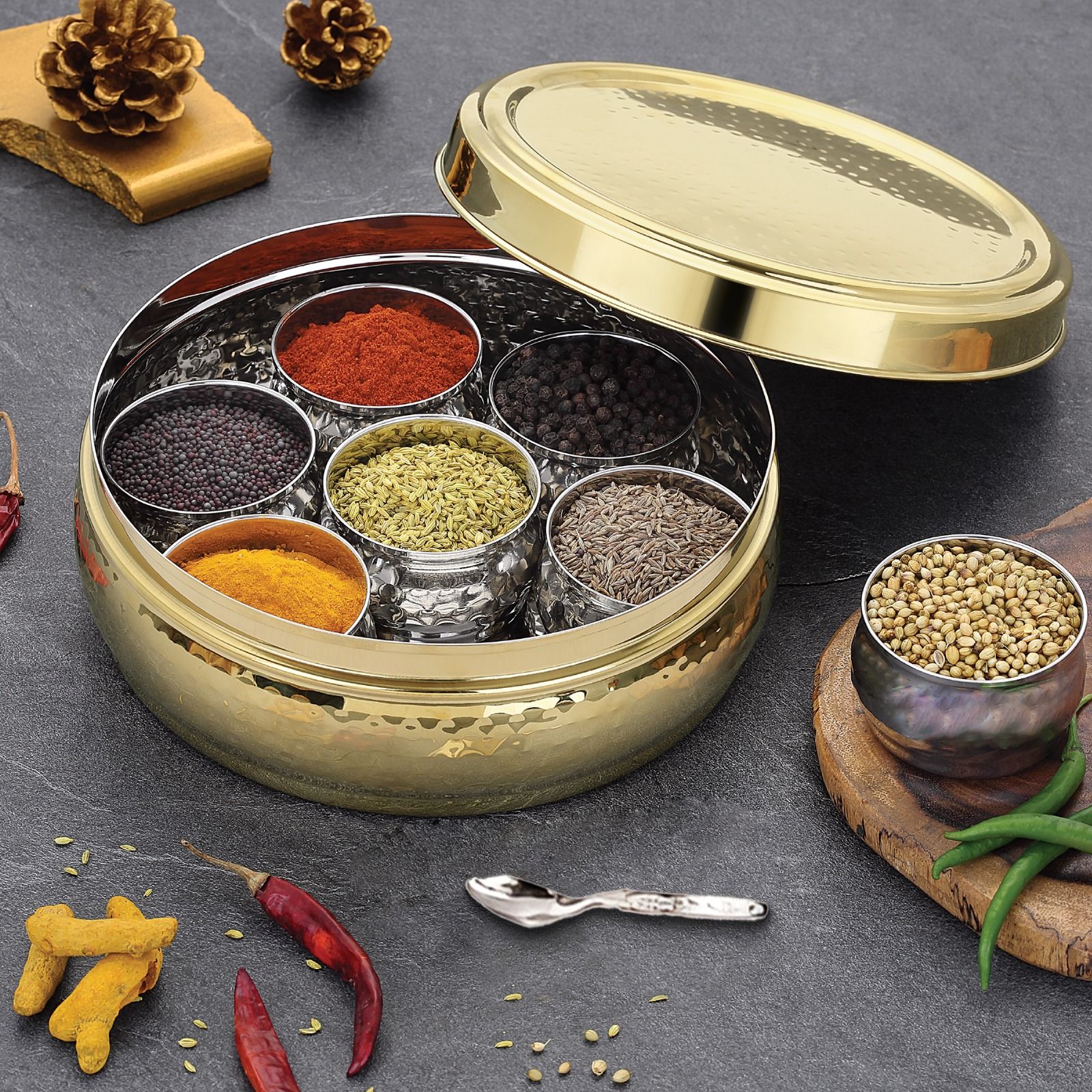 iRin By Dr.WaterR Stainless Steel Belly Shape Masala (Spice) Box |Gold PVD Hammered Finish|Kitchen Organizer 7 Container Bowl and Small Spoon