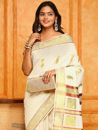 Kerala Cream Gold Jari Weaving Saree