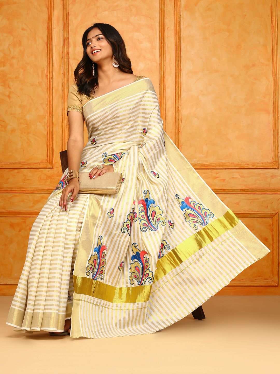 Kerala Cream Gold Jari Weaving Saree