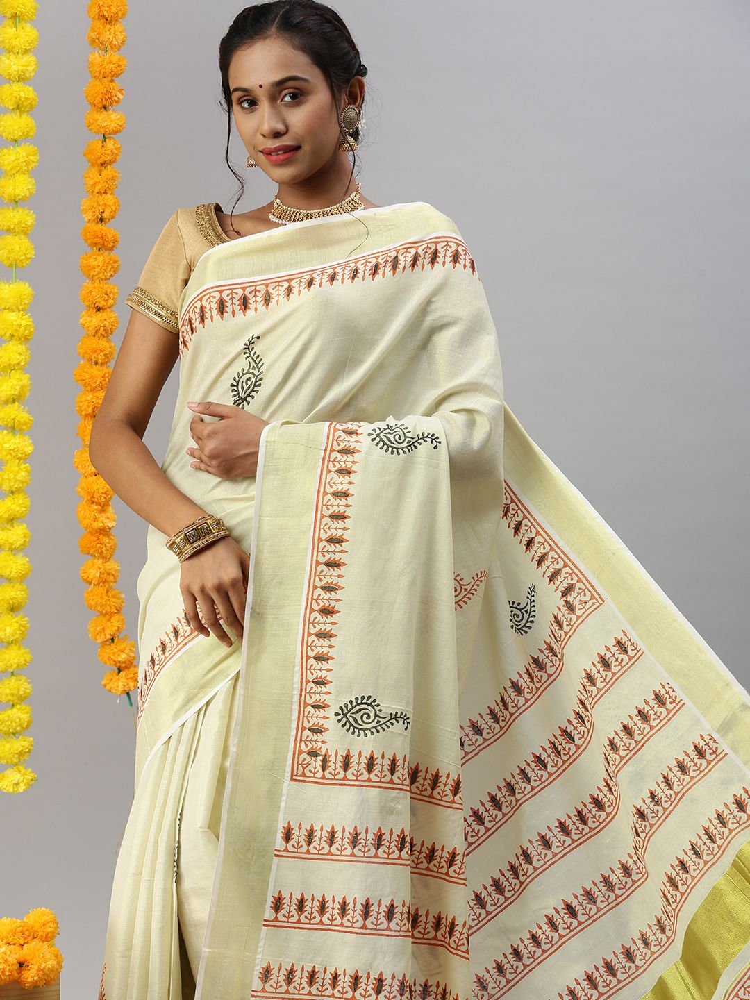 Womens Kerala Tissue Printed Gold Jari Border Saree OKS26