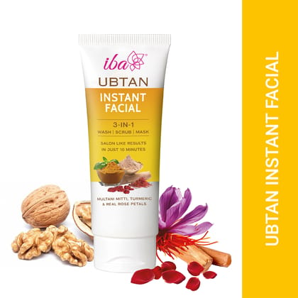 Iba Ubtan Instant Facial 3 IN 1 Wash, Scrub & Mask, 100 g For all Skin Type with Multani Mitti, Turmeric & Real Rose Petals