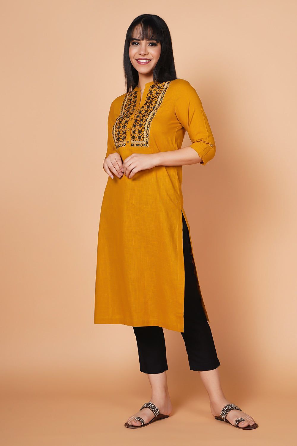 Mustard Yoke Embroidered Straight-fit Kurta+