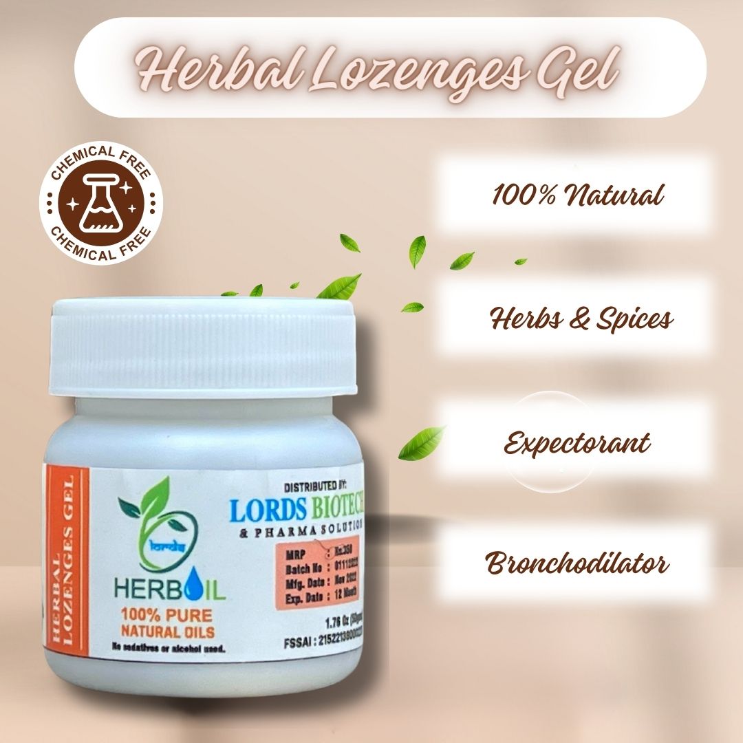 Herbal lozenges gel is a herbal chest decongestant gives relief from dry cough, wet cough. It gives relief from throat infection, throat irritation and upper respiratory tract infection.