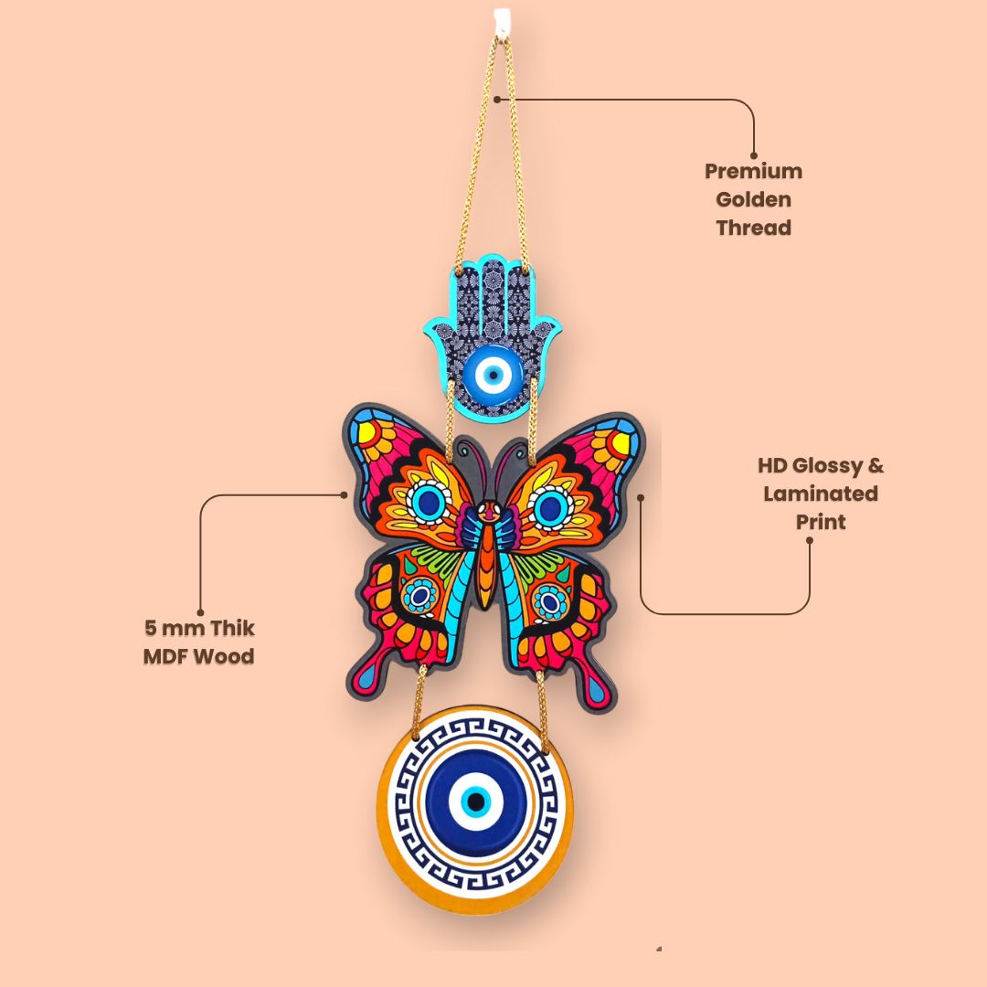 HomifyArt Wooden Evil Eye Butterfly Hanging, Home, Office, Shop Wall Hanging Decorative Items, Nazar Protection from Negativity