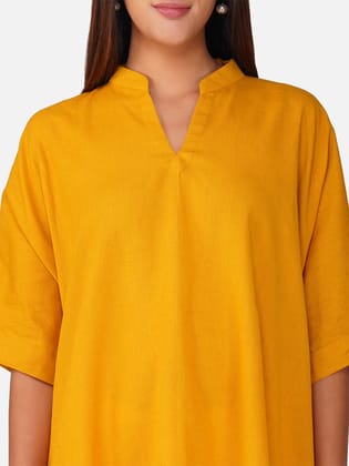 Solid Yellow V-Neck Cotton Slub Kaftan Top