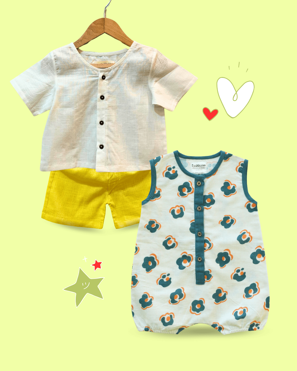 100% Organic Cotton White Top & Yellow Shorts Baby Set & Printed Onesie for Babies- 2 Piece Set