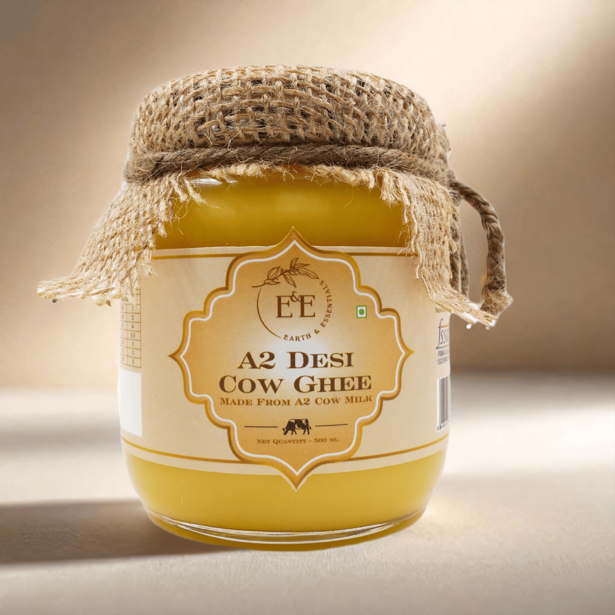 Earth and Essentials A2 Desi Cow Ghee 500 ml I Traditional Bilona method I Grass fed Desi Sahiwal Cows I A2 Cow Milk Curd, hand-churned in small batches I Glass Jar packaging I Traditional Danedar ghee I Immunity booster