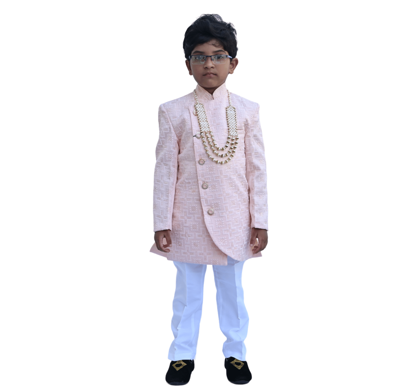 JOYHAAT Kids Boy's Indo western Stylish Party/Wedding/Festival Dress/Ethnic Sherwani Set With Peach Chikan Embroidered Kurta, White Pyjama And Pearl Necklace