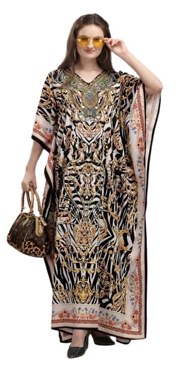 SUBHKAMANA FASHION Brown Polyester Crepe Fabric Kaftans Have Extraordinary Lustrous Fabric - Polyester Crepe Size - Free Size (fits up to 3XL) Length - 57" with Stone Work