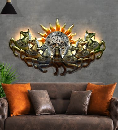 Indraj Premium craft Metal Decorative Seven Horses With Sun Wall Showpiece With LED light for Living Room Wall Art | Horse Sculpture | Lighted Metal 7 Horses Wall Decor | Vastu Wall Decor ( 46 x 26 Inch)