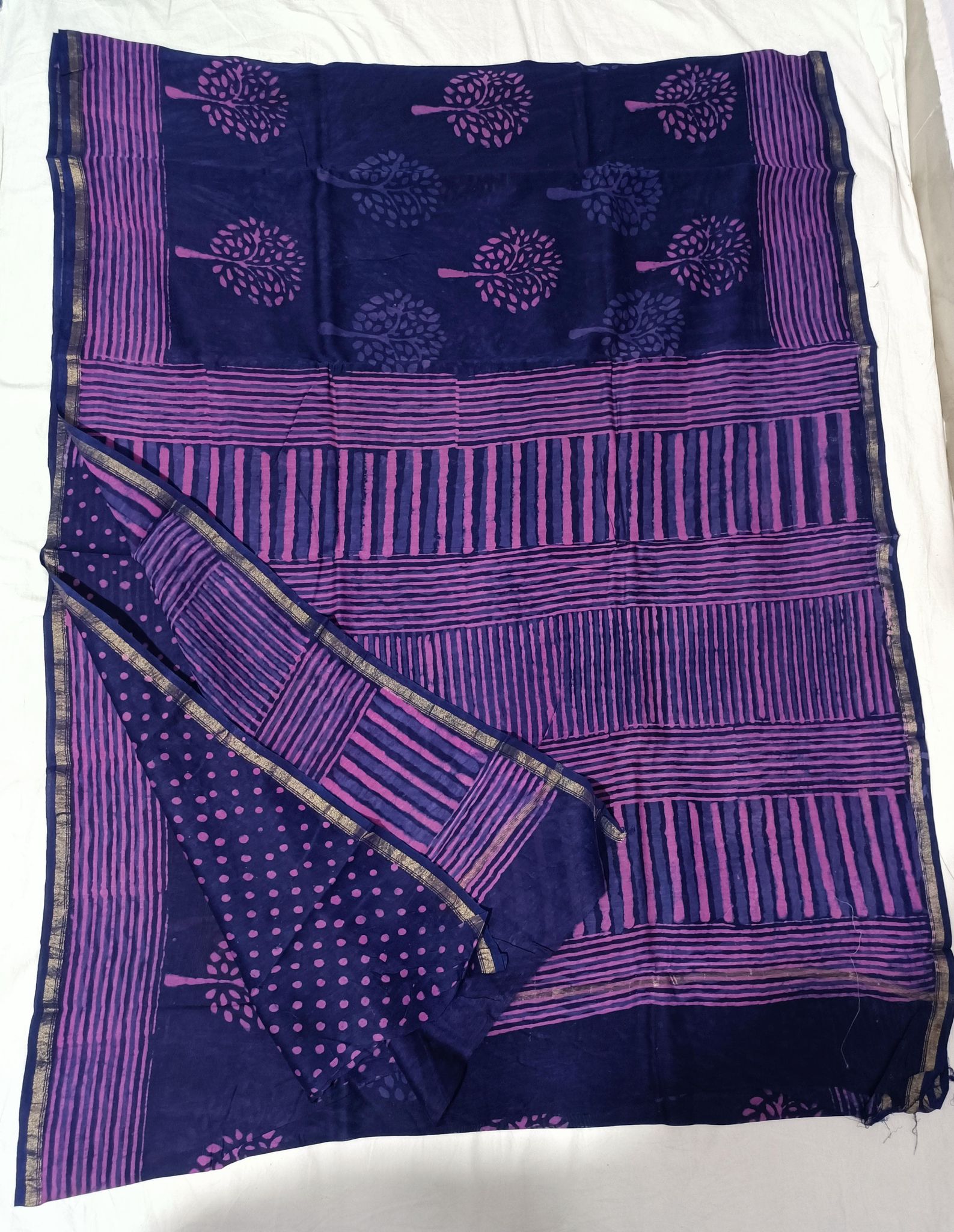 Purple and Blue Stripped Cotton Maheshwari Silk Saree