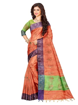  Women's Peach And Green Silk Blend Saree With Blouse Piece