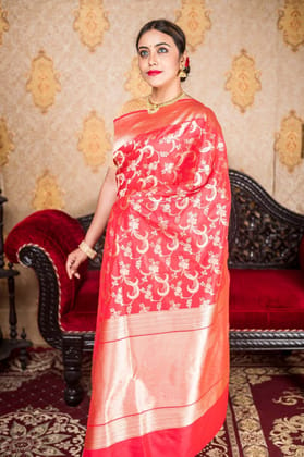 Festive Carrot Pink Banarsi Katan Saree with Zari Bel - Atulya Karigari