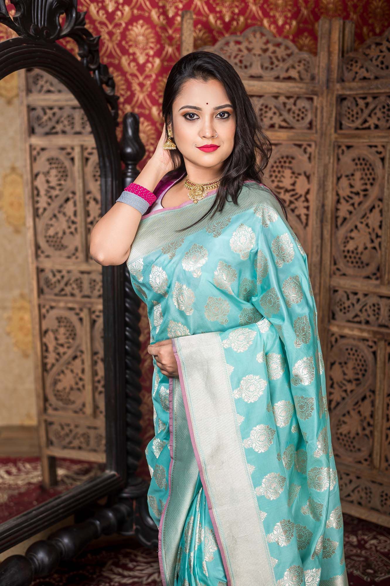 Traditional Banarsi Katan Saree with Leaf Patterns - Atulya Karigari