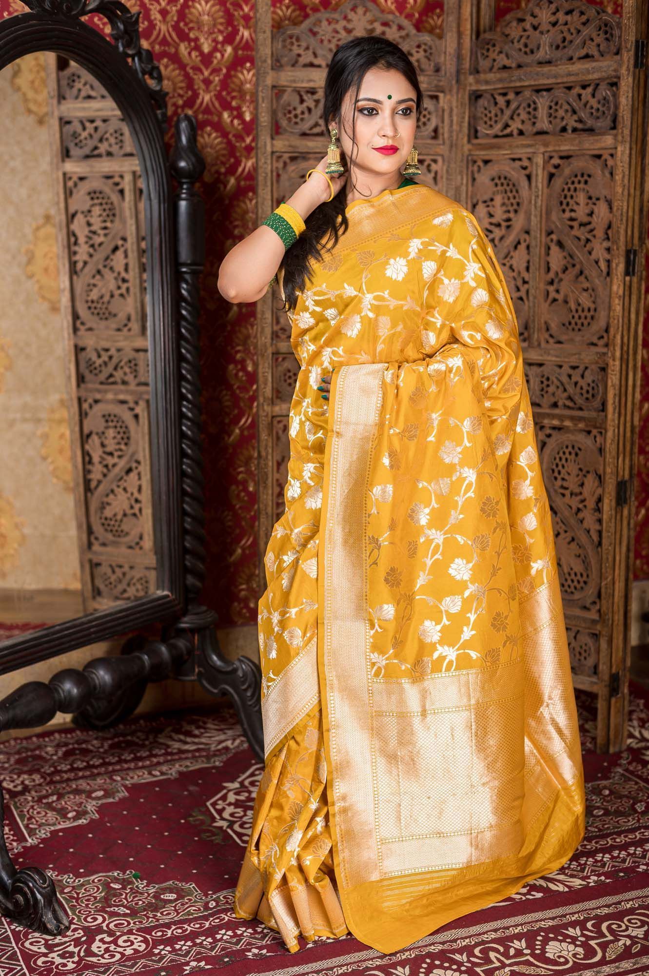 Festive Mustard Banarsi Saree with Floral Zari - Atulya Karigari