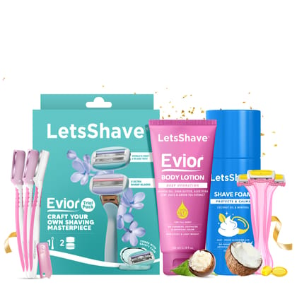 LetsShave Evior Trial Pack Absolute Shaving Kit for Women with 1 Razor handle + 2 blade + 3 Bikini Razor + 3 Face Razor + 1 Shave Foam & 1 After Shave Body Lotion 100 ML, Hair Removal Machine for Women, Shaving Kit for Women