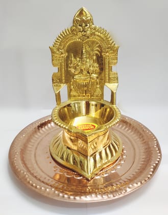 Naayagi - Pure Brass Kanchi Kamakshi Deepam, Diya, Vilakku with COPPER Plate, Pin - 7 Inch High