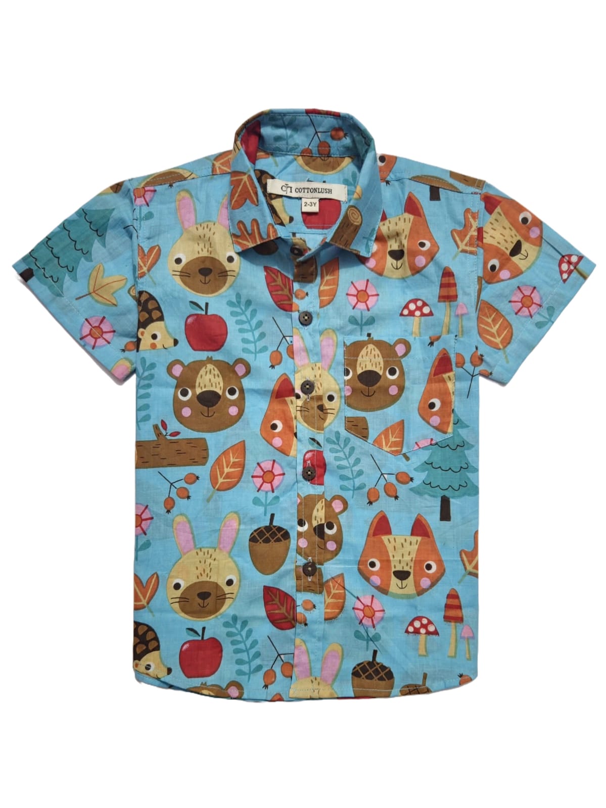  Blue Woodland Creatures Short Sleeve Button Up Shirt