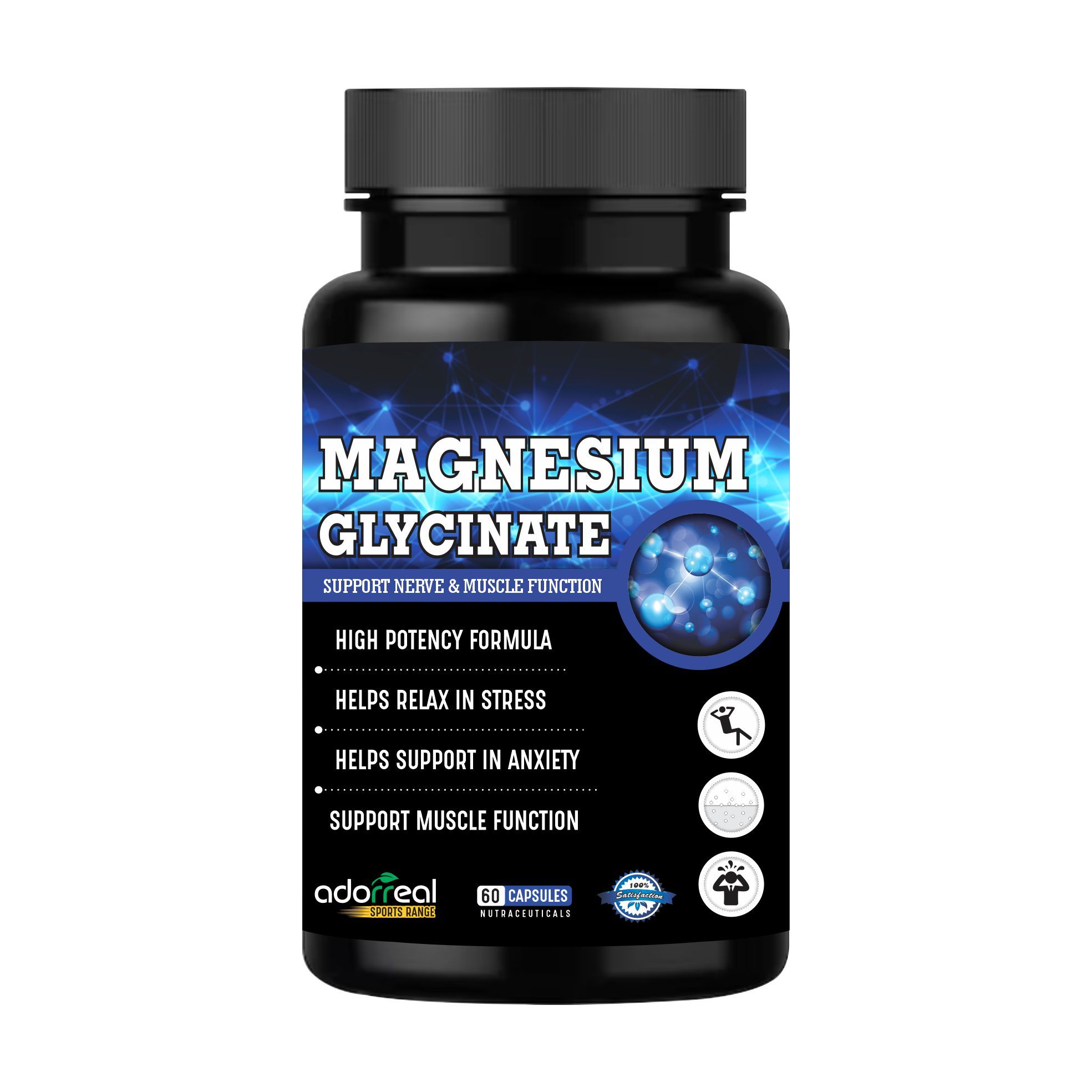 Adorreal Magnesium Glycinate -60 Capsules Supports Relaxation,Muscle Function,Improves Mood