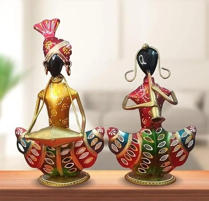 Chandra Craft House Hand-Painted Rajasthani Couple T-Light Candle Holder Showpiece (Pack-2)