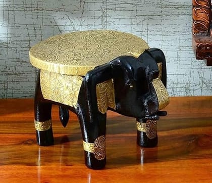 CHANDRA Craft House Beautiful Golden Wooden Hand Carved Painted Elephant Chowki, Children Elephant Table, Indian Table Chowki for Puja, Table for Home Decor