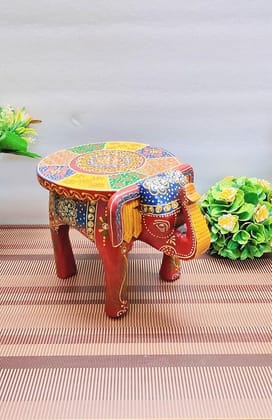 CHANDRA Craft House Hand Painted Wooden Decorative Elephant Plant Stand Stool for Table Home Decor