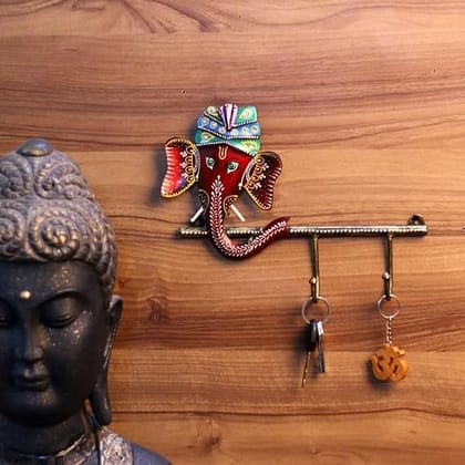 Ganesha Key Holder, Metal Wall Art, Indian Handcrafted Metal Painted Ganesh and 2 Wall Hook, Wall Hanging, Home Decor, Wall