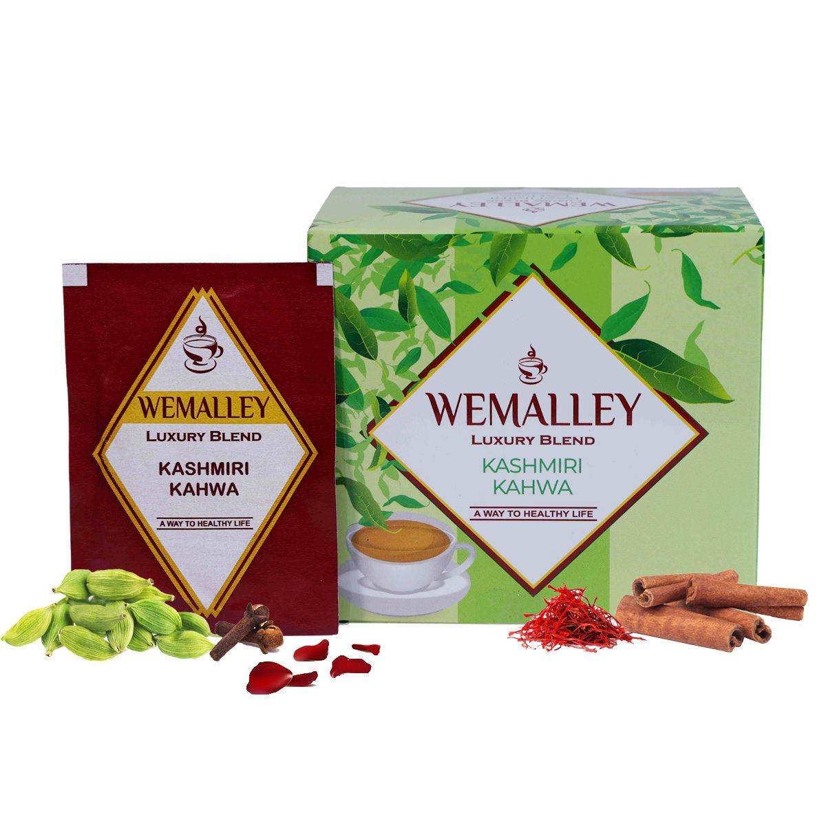 Wemalley Organic Kashmiri Kahwa Green Tea Teabags 40 grams| Improves Blood Circulation, Digestion, Heart & Skin Health| Mix of Saffron, Nuts & Rose Petals| 20 Teabags