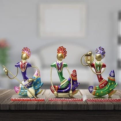 CHANDRA Craft House Indian Folk Musicians showpiece, Male Folk Artists, Metal Musician Decor-Set of 3