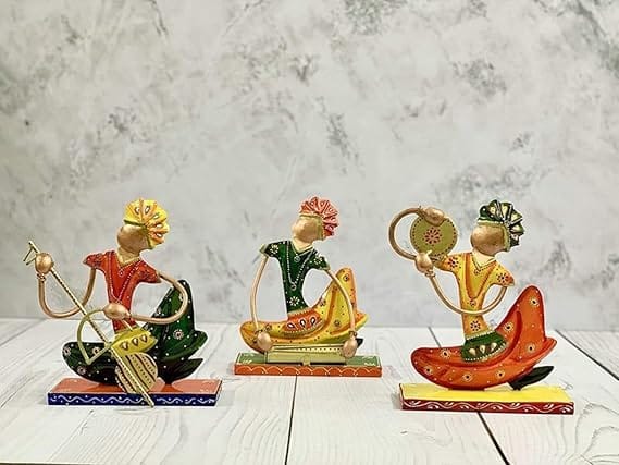 CHANDRA Craft House Iron Krishna Musician Wrought Iron Metal Showpiece for Living Room Krishna Idol Colorful Set of 3