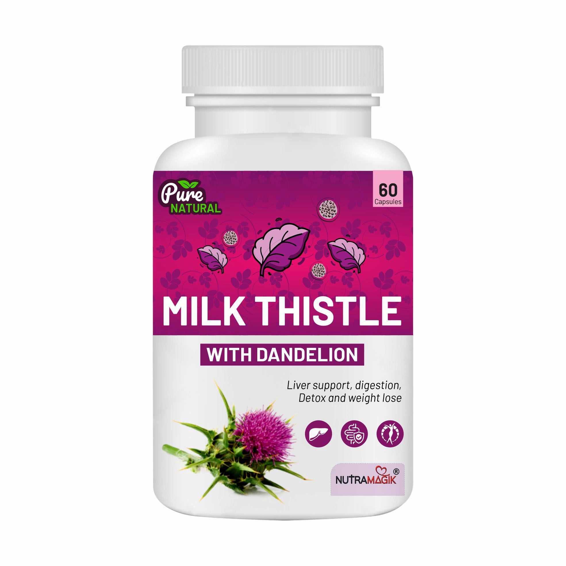 Nutramagik Milk Thistle with Dandelion - Liver Support, Digestion, Detox, and Weight Loss - 60 Capsules