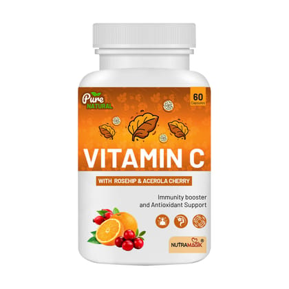 Nutramagik Natural Vitamin C - 60 Capsules - Immunity Booster and Antioxidant Support - with Rosehip and Acerola Cherry