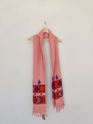 Pink Multicolor Handwoven Sheep Wool Kinnauri Stole