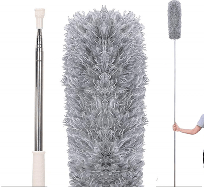 LATEST Upgraded Long Handle Microfiber Feather Ceiling Duster For Dust Cleaning Extendable Pole 30-100 Inch For Cleaning High Cobweb Stick High Ceiling Fan - Stainless Steel, Grey