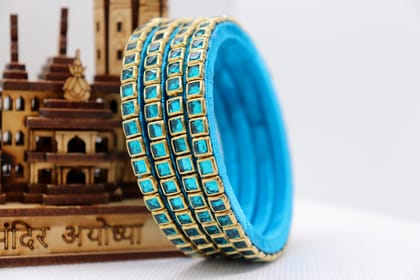 Handmade Gold and Blue Glass Kundan Stone Bangle (Set of 4)