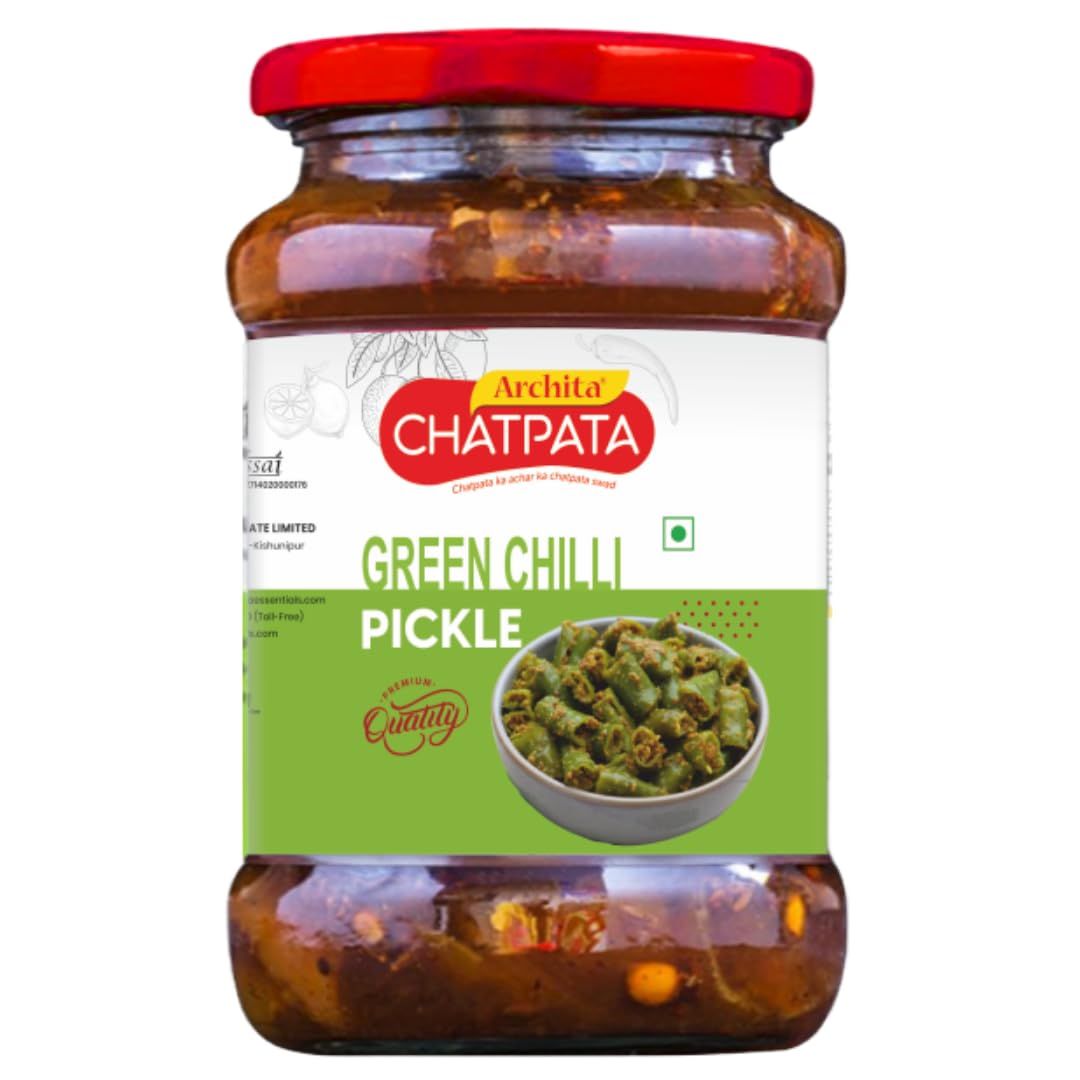 Archita Chatpata Green Chilli Pickle | Hara Mirch Achar | Homemade | Mustard Oil | 400gms | Glass Jar (Pack of 1)