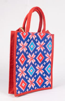  Red and Blue Handwoven Jute Tote Bag with Zipper