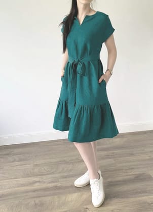 Viridian Green Loose Fit Midi Dress with Belt and Pockets